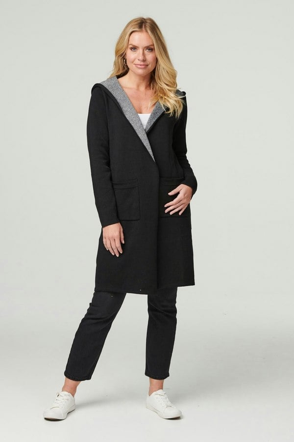 Black | Open Front Hooded Longline Cardigan : Model is 5'10"/178 cm and wears UK8/EU36/US4/AUS8