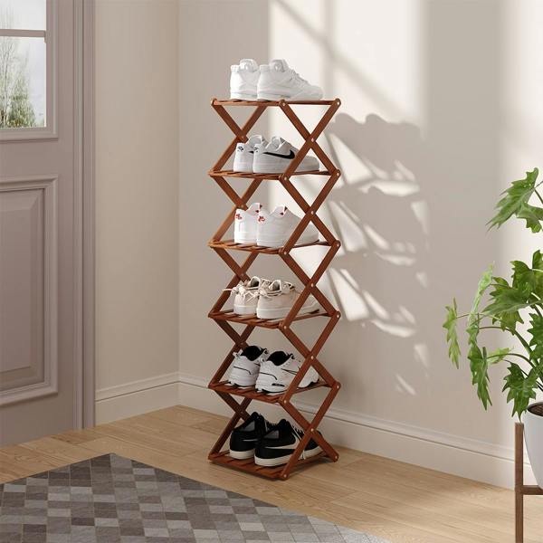 Living and Home 6 Tier Bamboo Folding Shoe Rack Shoe Storage Organiser - Walnut