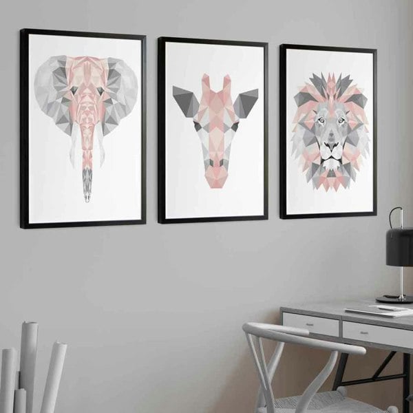 Framed Set of 3 Geometric Blush Pink and Grey JUNGLE HEADS Lion Elephant Giraffe | Artze Wall Art UK