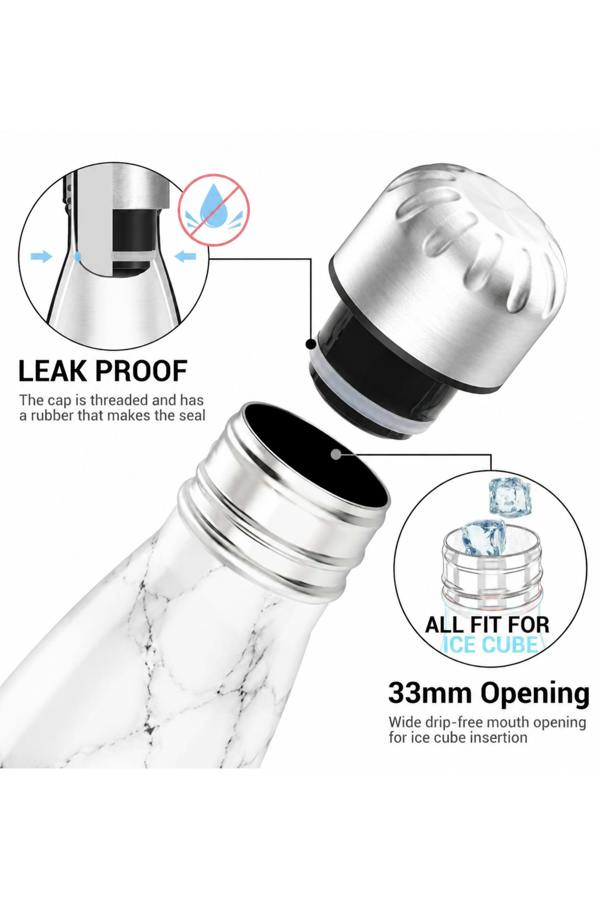 Dyzi 500ml Stainless Steel Water Bottle Leak Proof White Marble