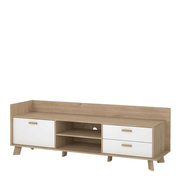 Wyld Haus Hobro White and Natural Oak Wood TV Unit with 1 Door 2 Drawers
