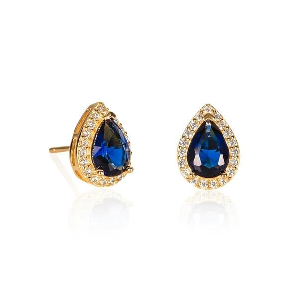 namana Gold Plated 925 Sterling Silver Pear Shaped Blue Halo Stud Earrings For Women