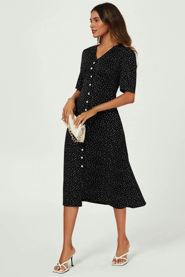 FS Collection Dot Print Button Front Midi Dress In Black