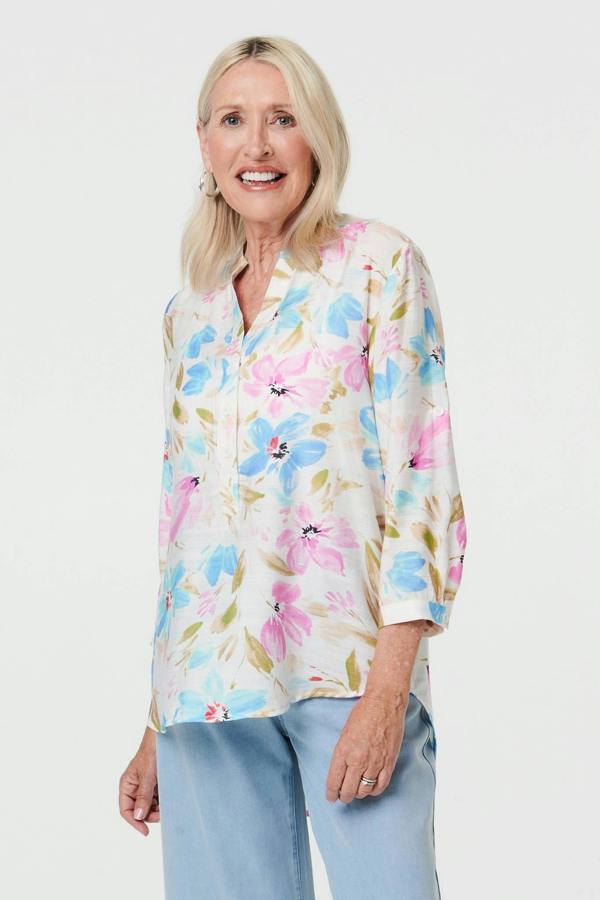 Blue | Floral 3/4 Sleeve V-Neck Relaxed Bouse