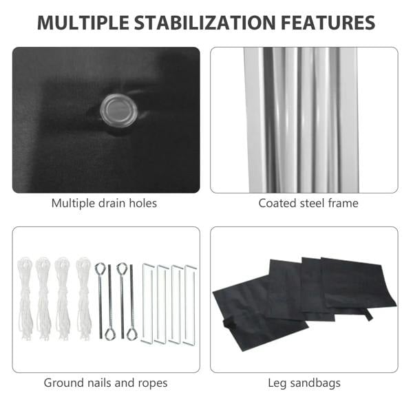 Black pop up gazebo stabilization set with coated steel frame, drain holes, stakes, sandbags