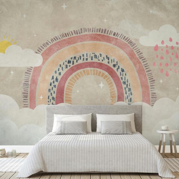 Grandeco Rainbow and Clouds 7 panel Wallpaper Mural 3.71 x 2.8m, Neutral Pink