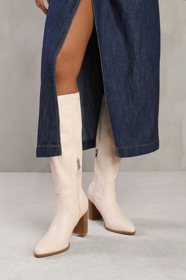 Where's That From Hawthorn Block Heel Knee High Boots With Stitch Detail in Cream Faux Leather