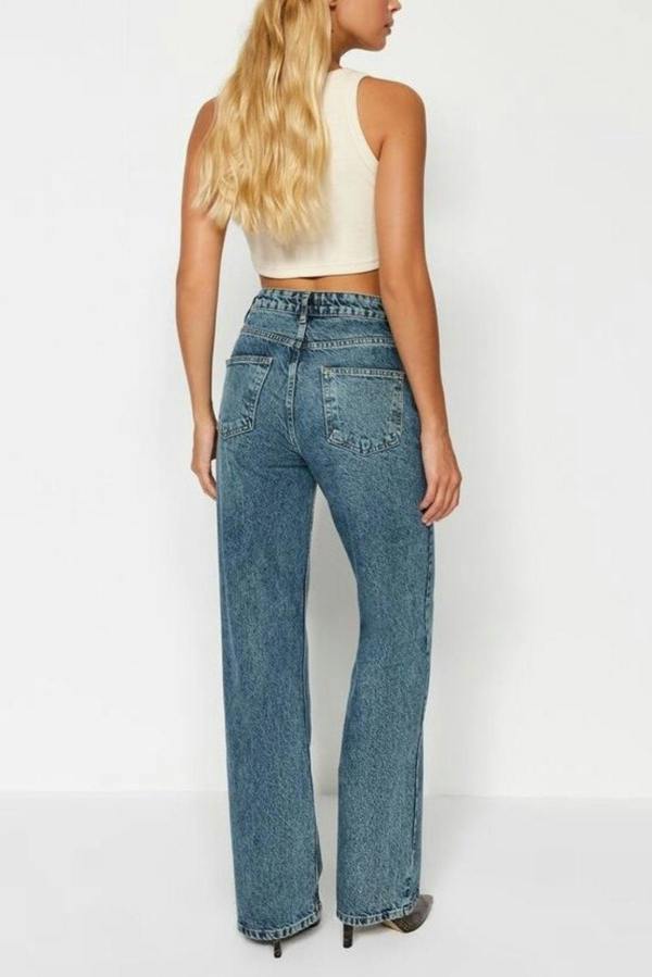 WOVCOR Faded Effect Vintage High-Waisted Wide Leg Jeans