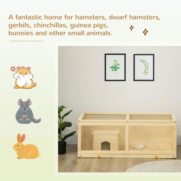 Natural wood hamster cage with hut and ramp, open front access, and mesh top panels