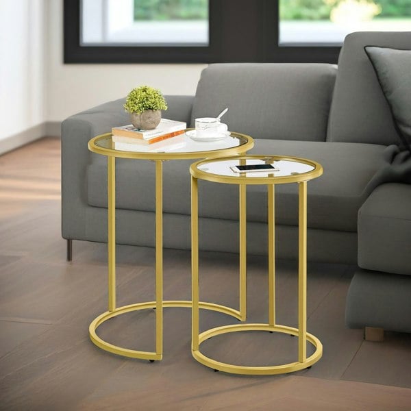 Rafaelo Mobilia Set Of 2 Round Gold Nesting Tables With Tempered Glass