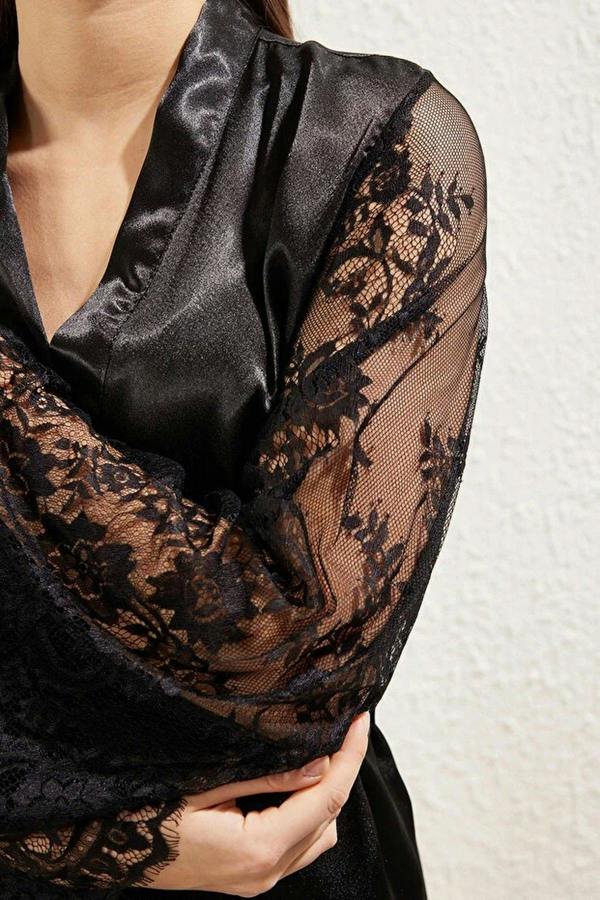 WOVCOR Satin Woven Dressing Gown with Lace and Belt Detail