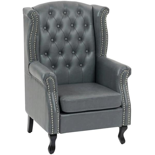 Grey tufted wingback accent armchair with nailhead trim and padded armrests