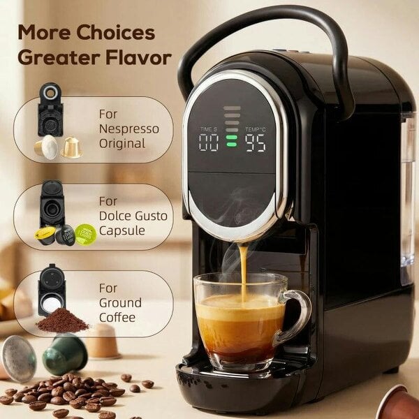 Pod Coffee Machine for Nespresso, Dolce Gusto Capsule & Ground Coffee, Small Semi Automatic Coffee Maker, 19 Bar, 0.6L