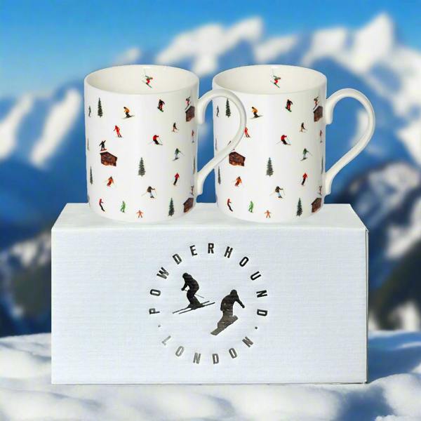 Powderhound Hut Skiing Mug Pair with box