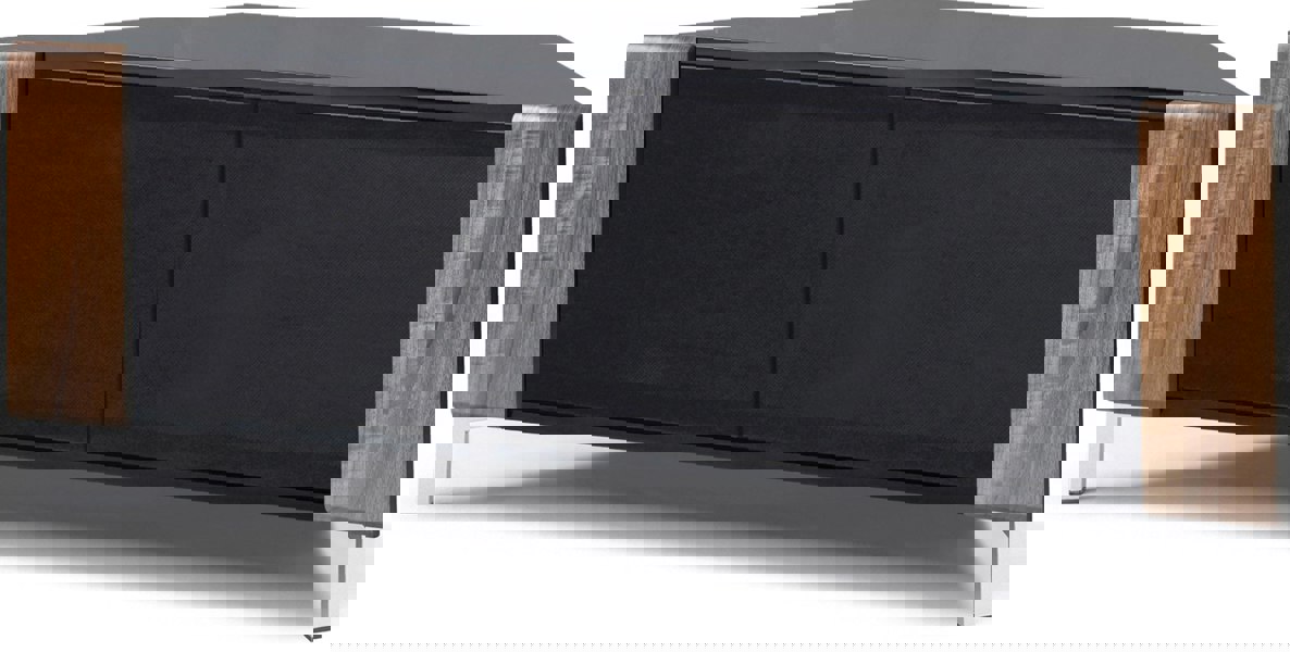 MDA Designs CORVUS Corner-Friendly Gloss Black Contemporary Cabinet with Walnut Profiles Black BeamThru Glass Doors for Flat Screen TVs up to 50"