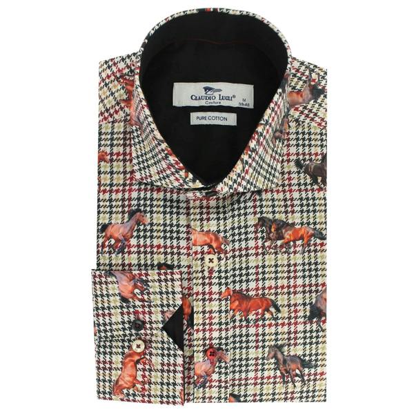 PLAID HOUNDSTOOTH MUSTANG PRINT SHIRT - Premium Men's Patterned Shirt by Claudio Lugli | Bold Design, Tailored Fit, Best Printed Shirts