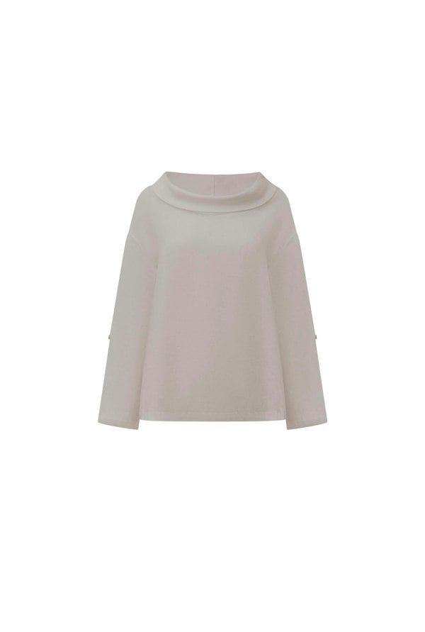 Taupe linen top with draped cowl neckline