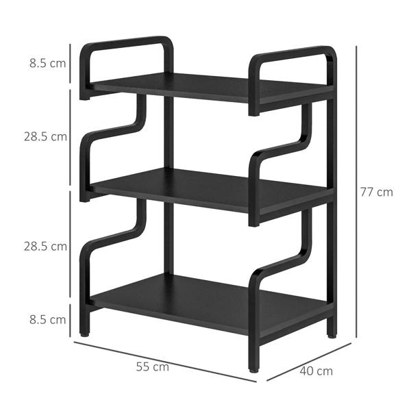 Black 3-tier printer stand with three open shelves and front dimension markings