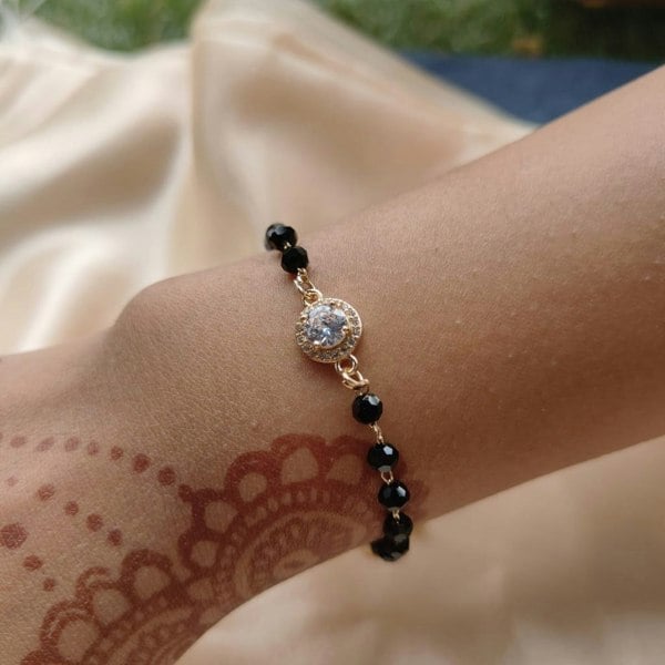 The Colourful Aura Indian Black Crystal Beads Round Zircon Mangalsutra Nazar Bracelet