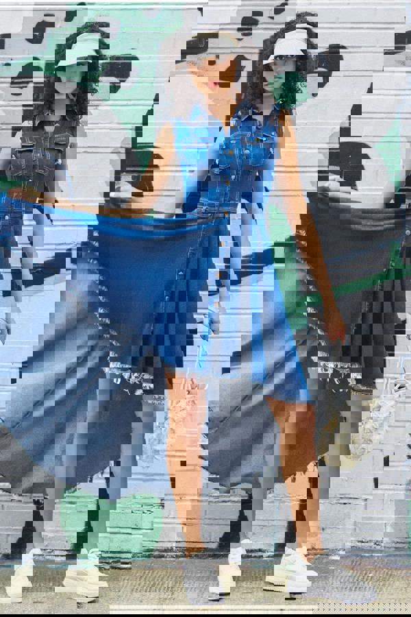 Denim Sleeveless High And Low Midaxi Dress - Navy Denim DR4131