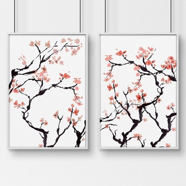 Cherry blossom wall art for home office | Set of 2 wall art prints