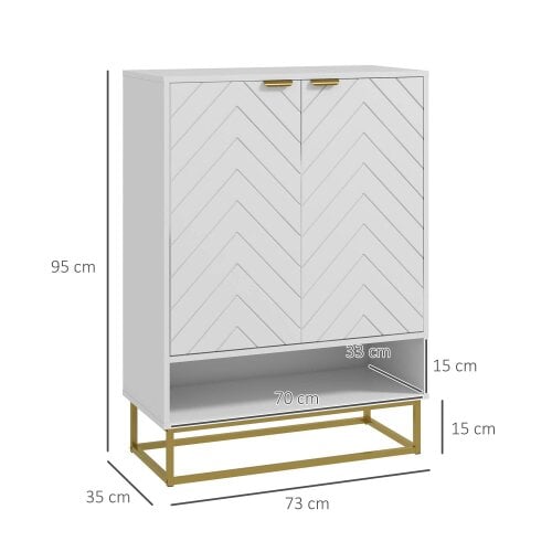 Wyld Haus Cosu White Wooden Chevron Shoe Cupboard With Bottom Shelf and Gold Accents For 12 Pairs