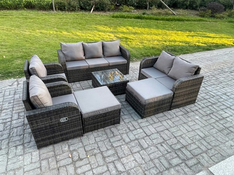 Fimous 9 Seater Outdoor Rattan Garden Furniture Set Conservatory Patio Sofa Coffee Table With 2 Big Footstool Love Sofa Dark Grey Mixed