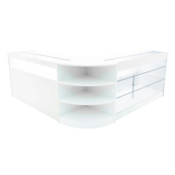 White Demeter LED shop counter set featuring a sleek, modern design with curved shelves and glass display sections for visibility