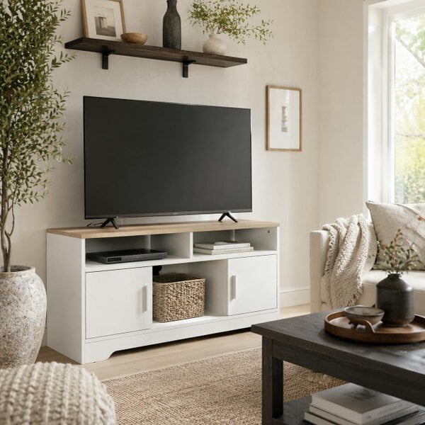Wyld Haus Tadori 105cm Vile Wooden White Modern TV Console 2 Doors and Open Shelves