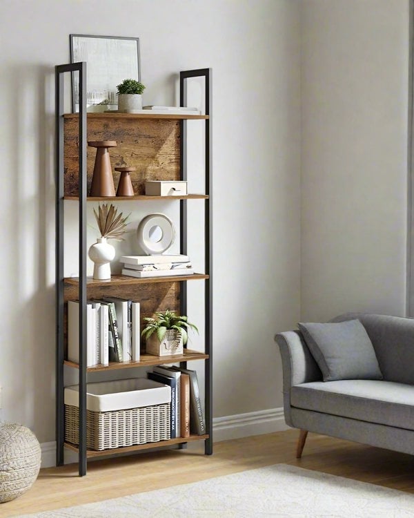 "5-tier rustic brown and black industrial bookshelf with metal frame and particleboard shelves, perfect for books, decor, and home storage."

