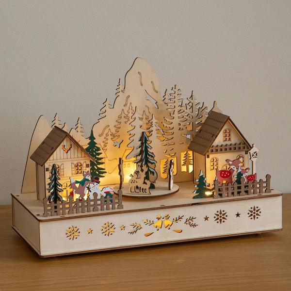 Samuel Alexander 28cm Light Up Wooden Winter Village Christmas Scene with 8 Warm White LEDs