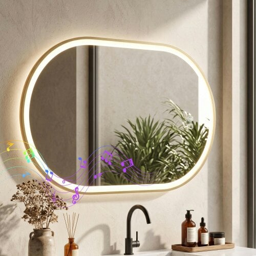 HOMCOM LED Bathroom Mirror, 100x70cm Oval Bathroom Mirror, Gold Tone