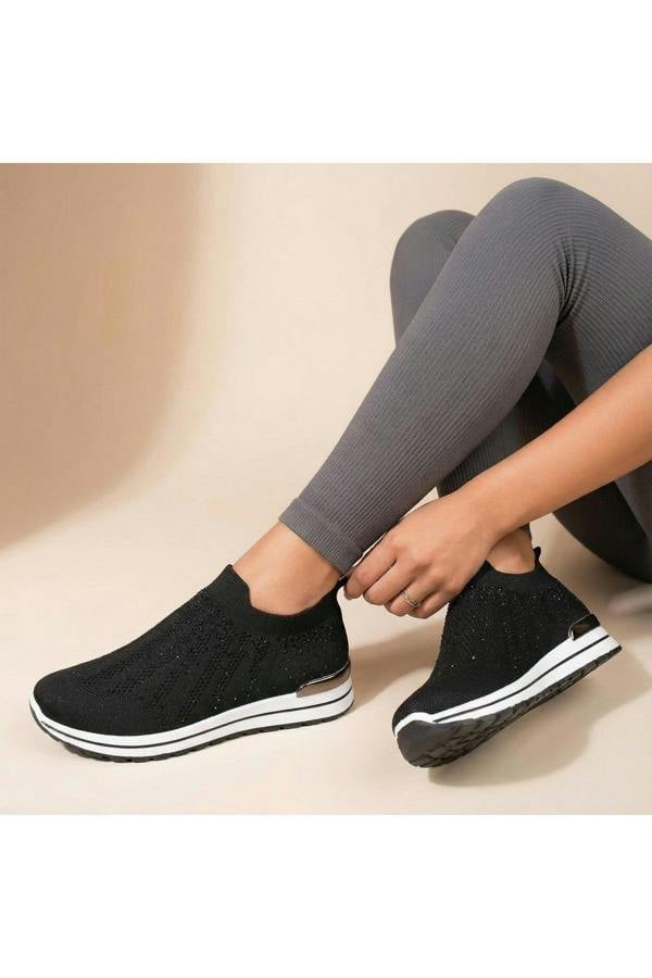 Tawnie Diamante Knit Slip-on Wedge Trainers - Black/White