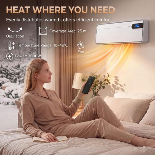 HOMCOM Smart Electric Heater, 2000W Ceramic Wall Mounted, Fan, White