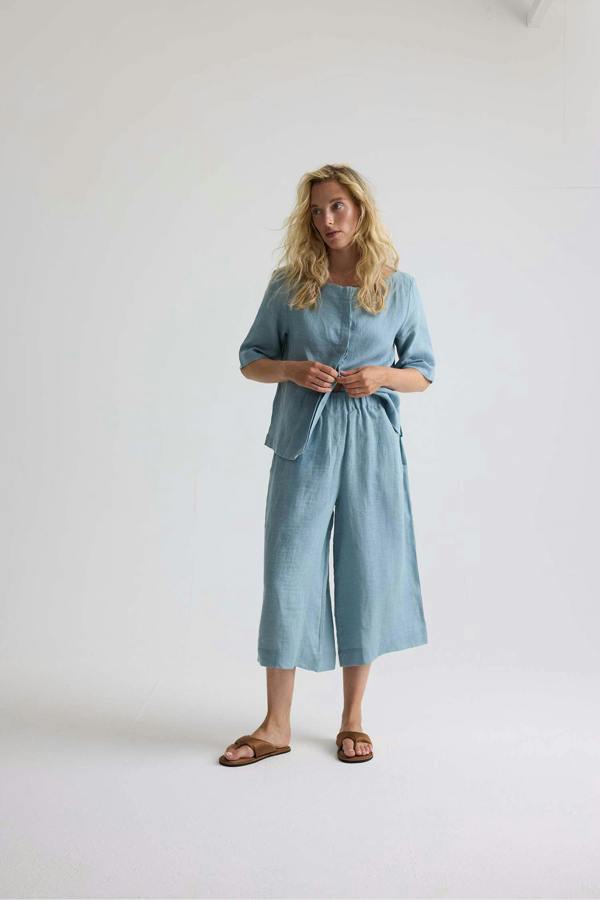 Pretty You London Relaxed Linen Colette Trousers In Blue Haze