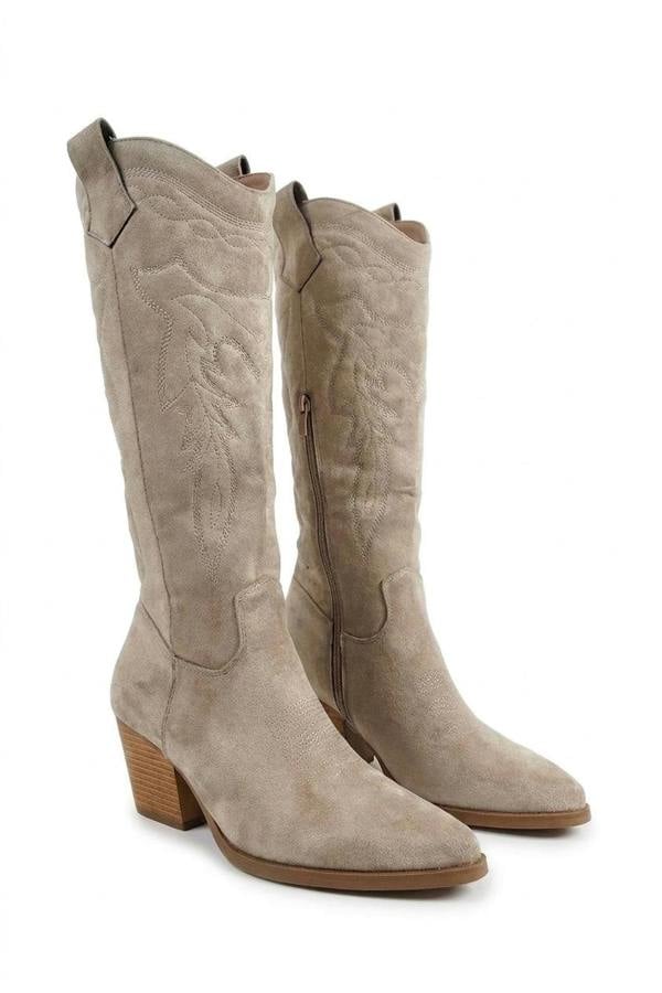 Samira Block Heel Cowboy Boots - Beige_wb