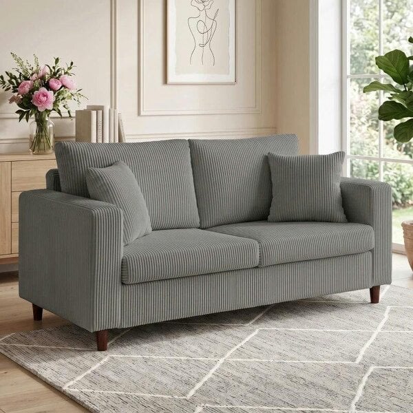 Loveseat Sofa with Wide Seat, Corduroy 2 Seater Couch with Deep Seat, Spring Cushion, Light Grey - Light Grey