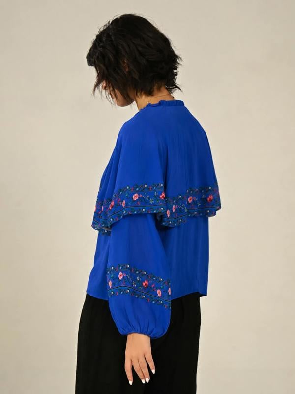Rose & Nancy Tory Blue Floral Cape Blouse