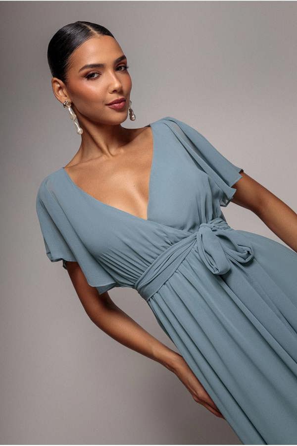 Chiffon Flutter Sleeve Wrap Maxi Dress - Dusty Blue DR2486