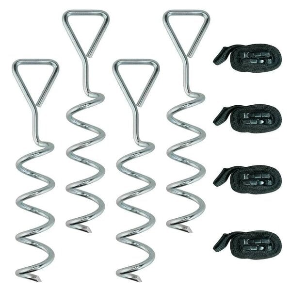 4Pcs Trampoline Anchor Kit, 32 cm Galvanised Trampoline Stakes, Spiral Ground Anchors with Triangle Head, Straps