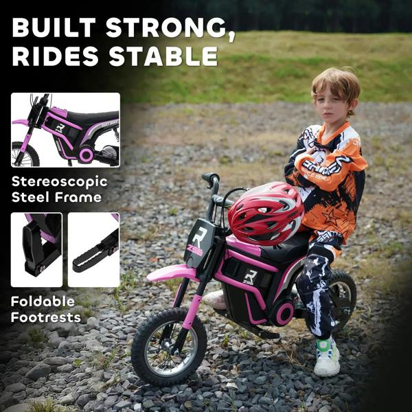 Pink and black kids electric motorbike with black seat, pink frame, and knobby tires