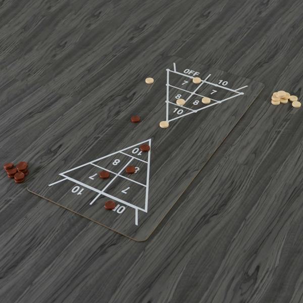 7-in-1 grey games table featuring a shuffleboard layout with wooden pucks in cream and brown, set on a dark textured surface