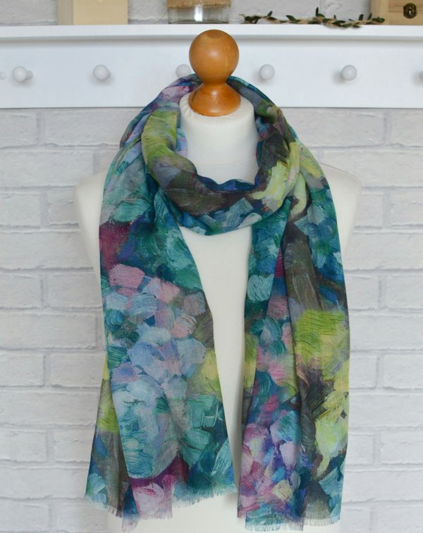 Antonia York Abstract Floral Scarf | Clara Brush Stroke Watercolour Blue Green Turquoise Wrap