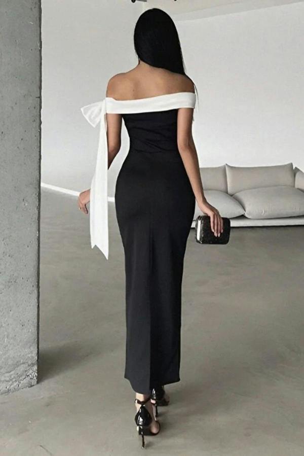 Hoxton Gal Elegant Fitted Knit Evening Dress with Shoulder Bow Detail