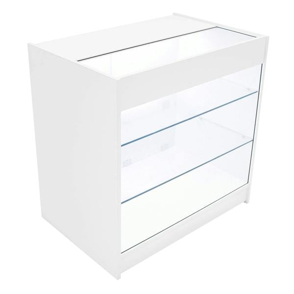Sleek white Apollo LED shop counter set with glass shelves, featuring a minimalist design and illuminated top for product display