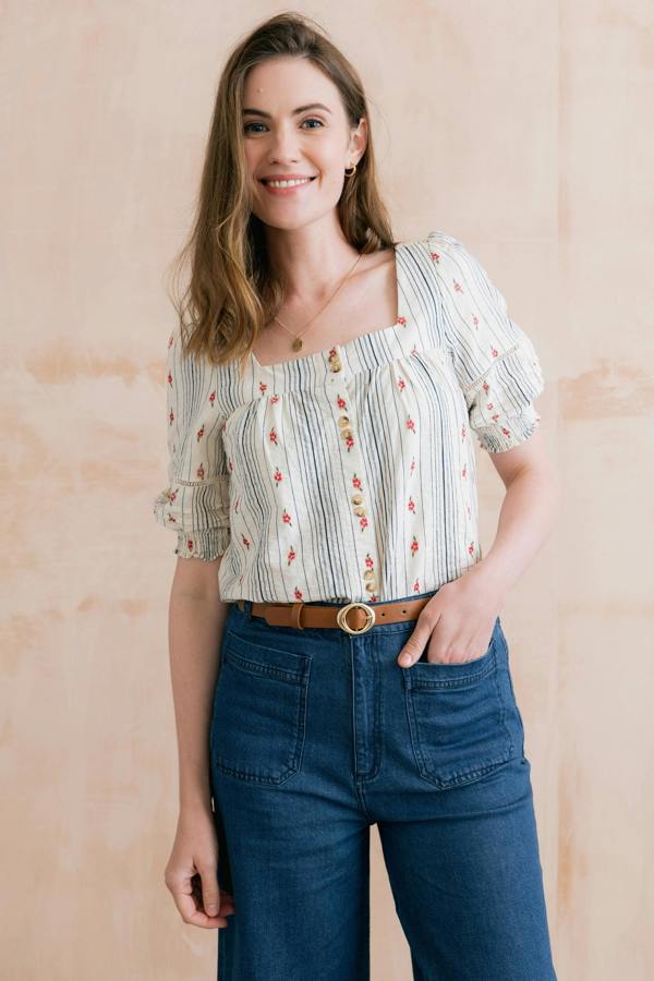 Lily & Me Poppy Embroidered Stripe Blouse Ecru