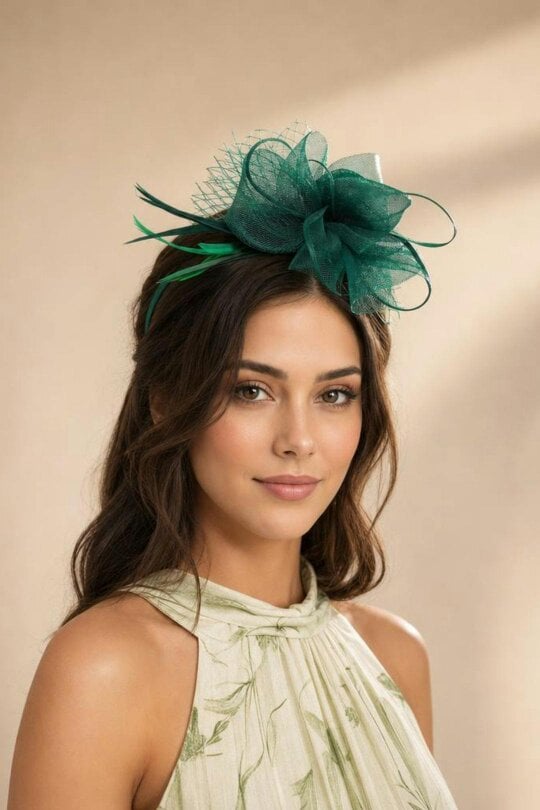 SVNX Double Flower Feather Fascinator in Dark Green