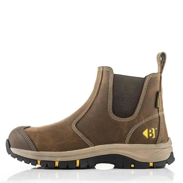 Buckbootz WIZD2 Mens Pull On S7S Dealer Chelsea Safety Ankle Boots, rugged brown slip-on safety boots with durable sole and pull tab for secure fit.