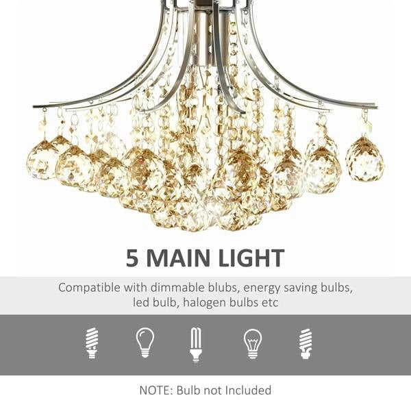 Crystal ceiling chandelier with warm-lit bulbs, clear prism drops, and chrome frame