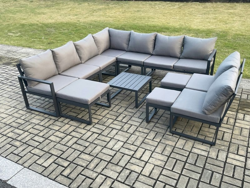 Fimous 12 Seater Patio Outdoor Garden Furniture Aluminium Lounge Corner Sofa Set with Square Coffee Table with 3 Footstools Dark Grey